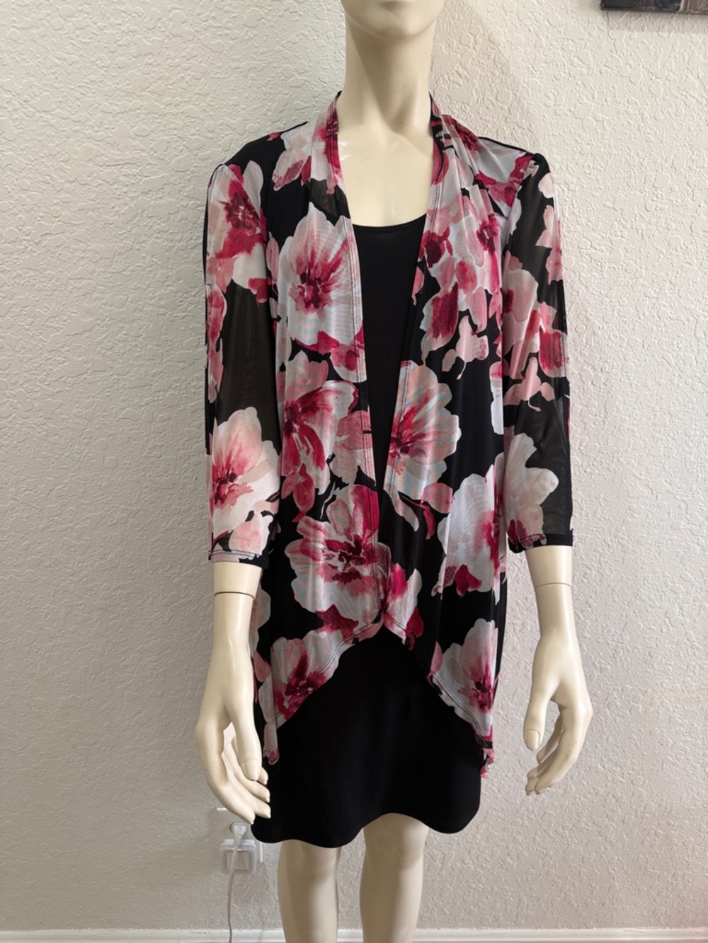 Floral Sheer Open Front Cardigan - Black & Pink (preowned)